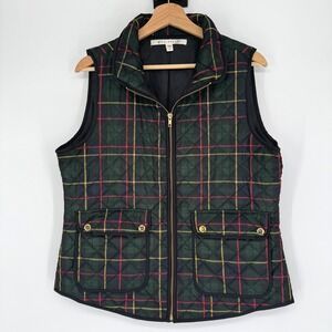 Max Studio Quilted Vest Womens L Green Plaid Zip Up Pockets Heritage Old Money